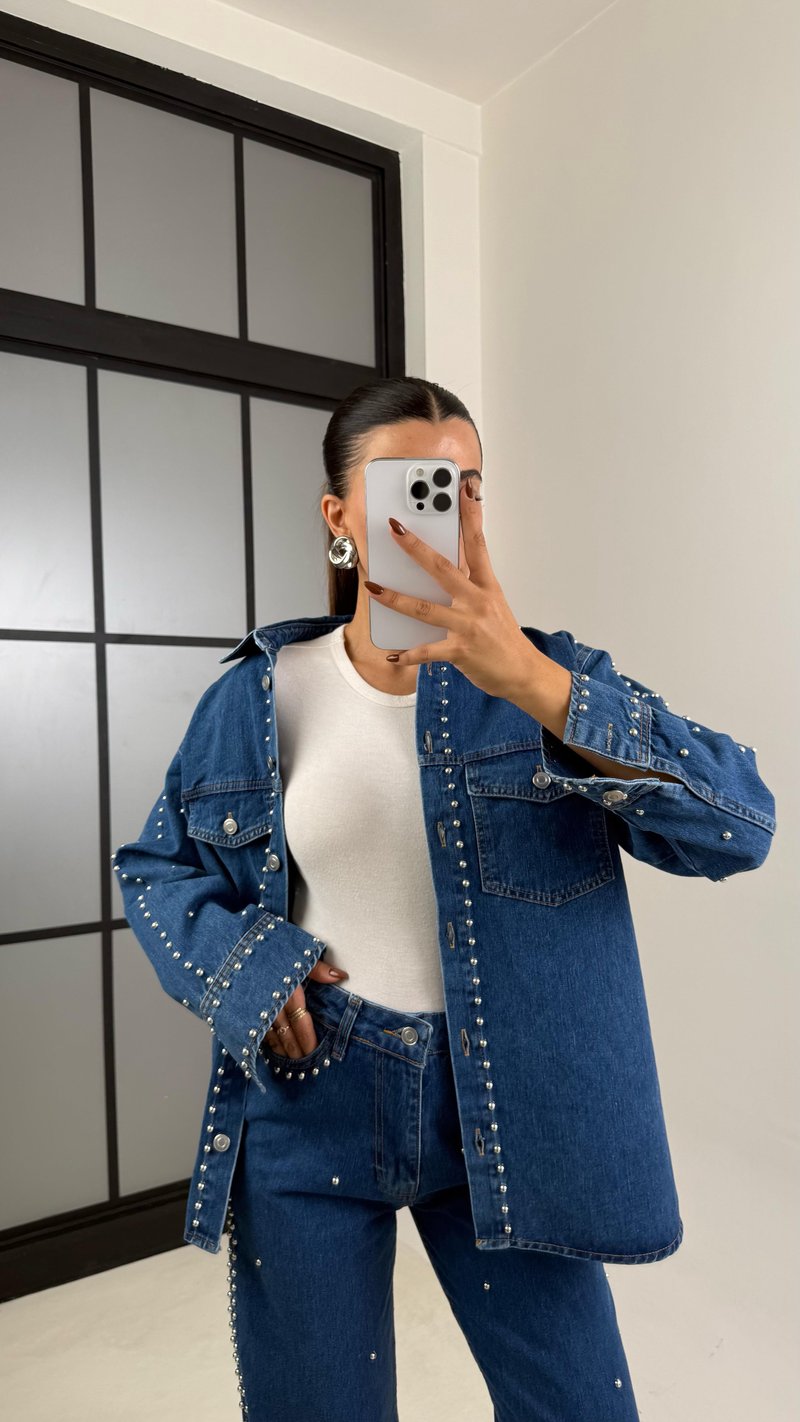 Lacivert Zımba Detaylı Gömlek Pantolon İkili Denim Takım GAUS-00194