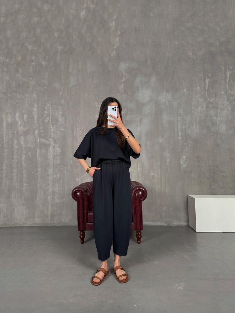 Siyah Bisiklet Yaka Tshirt Pantolon Basic Yıkamalı Modal Takım Gaus00143