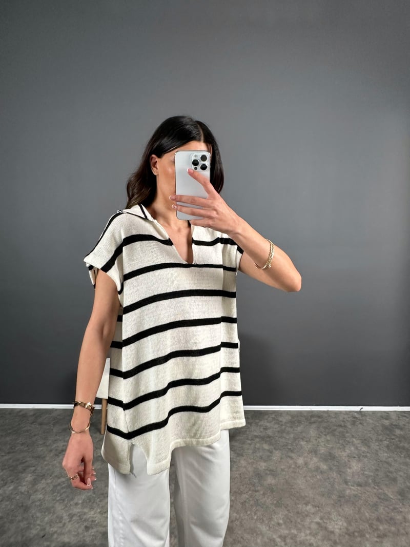 Çizgili Triko Polo Yaka Tshirt 