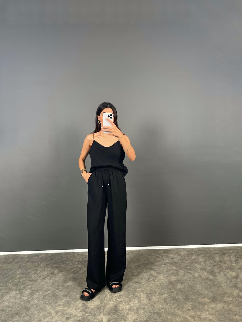 Lily Siyah Tensel Askılı Bluz Pantolon İkili Takım