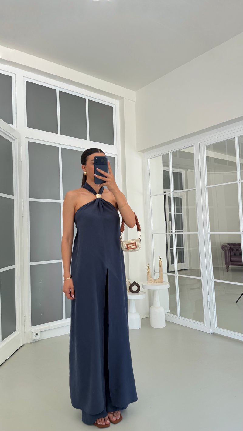 Lacivert Tulum Görünümlü Bluz Pantolon İkili Premium Takım GAUS-01738