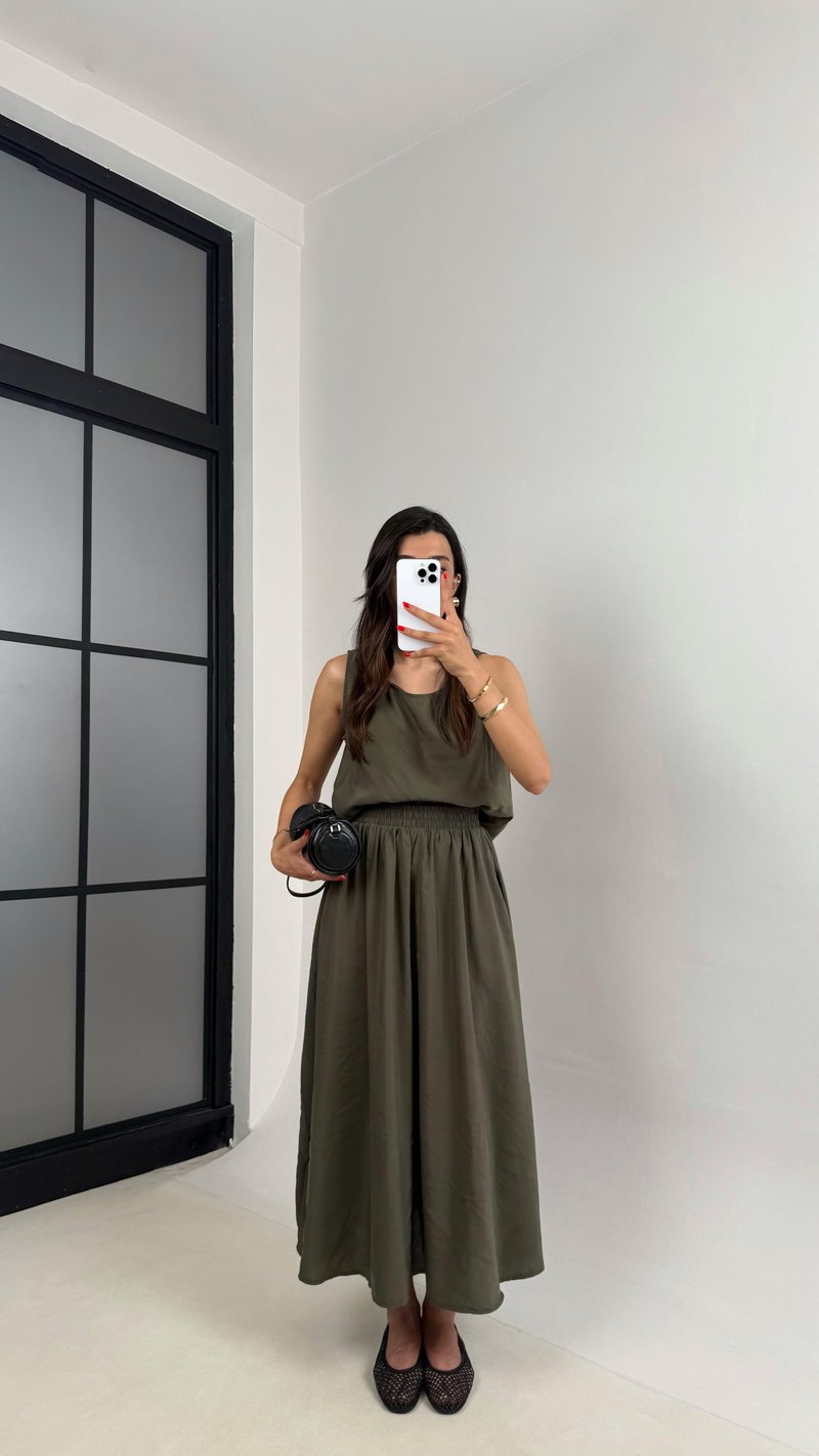 Haki Bluz Beli Lastikli Etek İkili Kırışık Tencel Takım Gaus00522