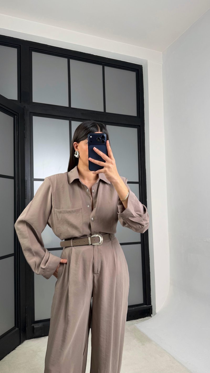 Vizon Vatkalı Gömlek Kemerli Pantolon İkili Tencel Takım GAUS-01319