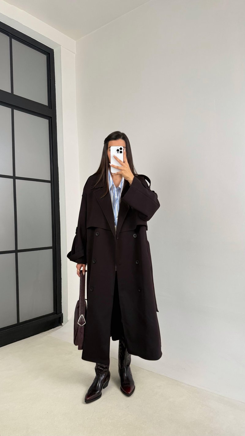 Mürdüm Kuşaklı Astarlı Cepli Premium Uzun Trençkot GAUS-00119