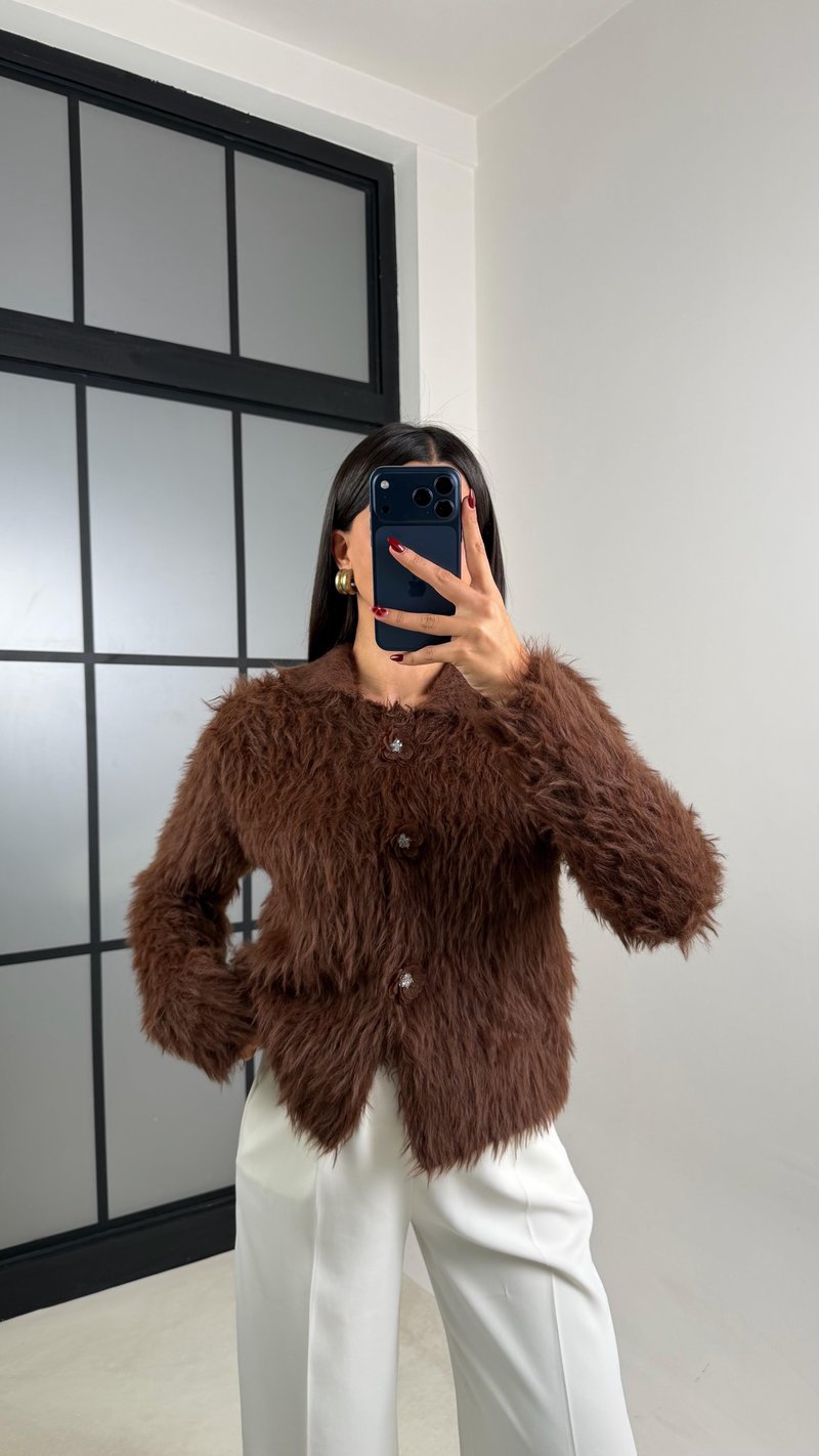 Kahve Çiçek Düğmeli Sakallı Triko Hırka GAUS-00709