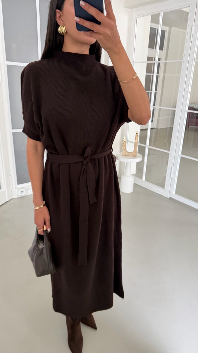 Acı Kahve Kuşaklı Triko Midi Elbise GAUS-02144
