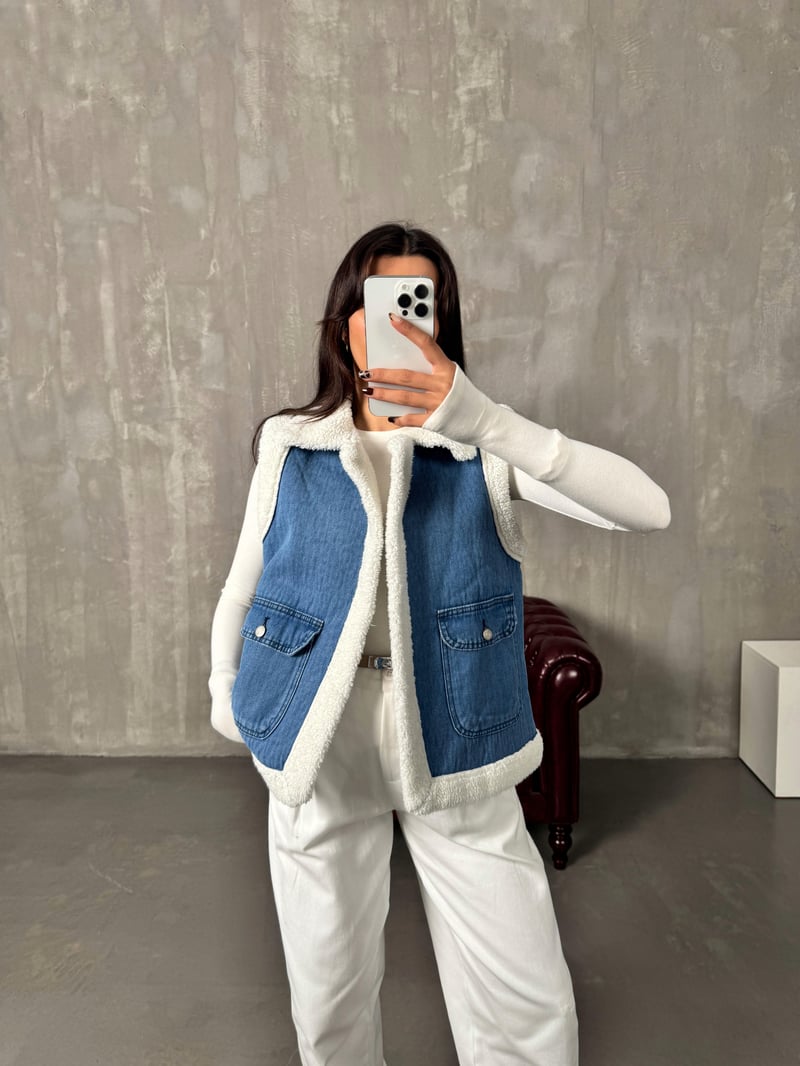 FT Mavi Denim İçi Kürklü Kot Yelek