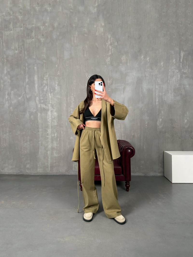 Rozali Yeşil Gabardin Kimono İkili Takım