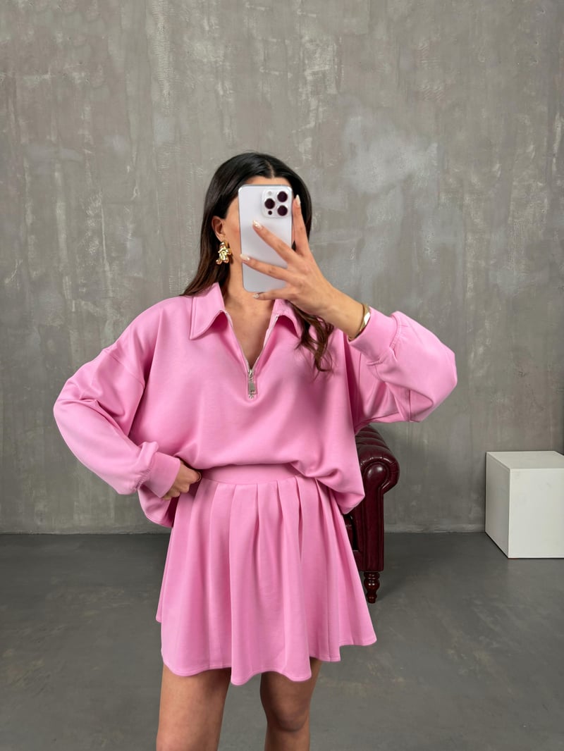 Mizu Pembe Yaka Fermuarlı Sweat Pileli Şortlu Etek Modal Takım