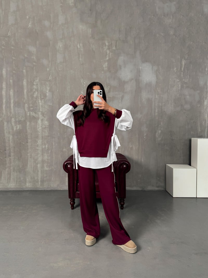 Preme Bordo Gömlek Detaylı Modal Takım