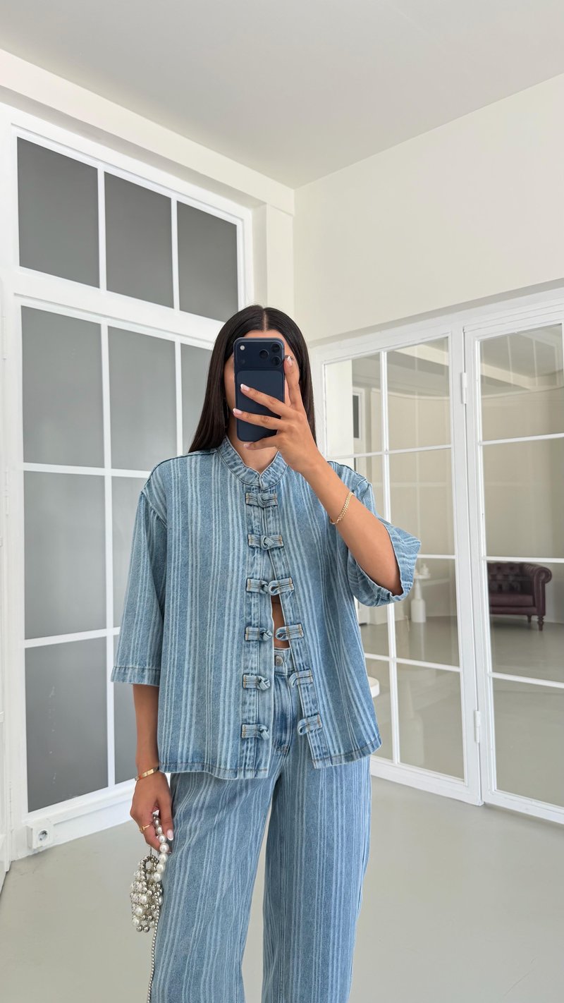 Mavi Tasarım Ceket Pantolon Çizgili Tencel Denim Takım GAUS-01687