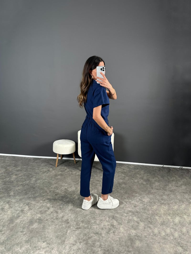 Holi Lacivert Arkası Lastikli Premium Keten Tulum