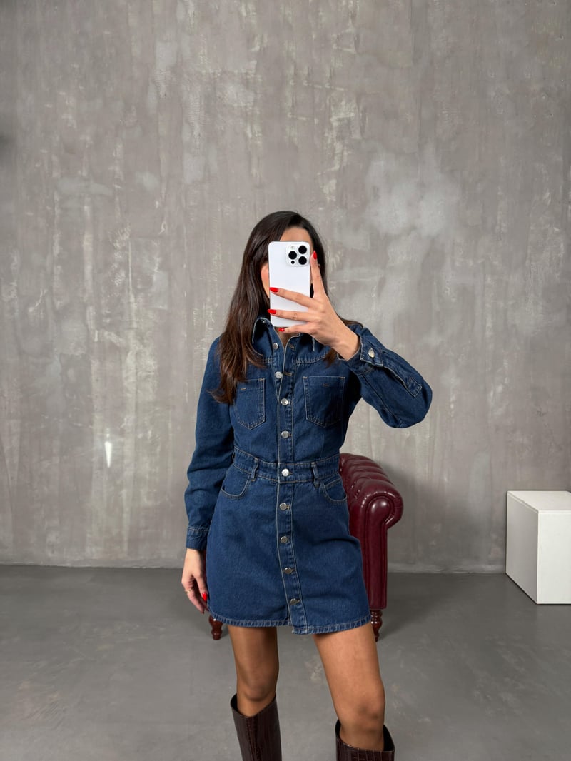 Renita Koyu Mavi Denim Düğmeli Jean Elbise