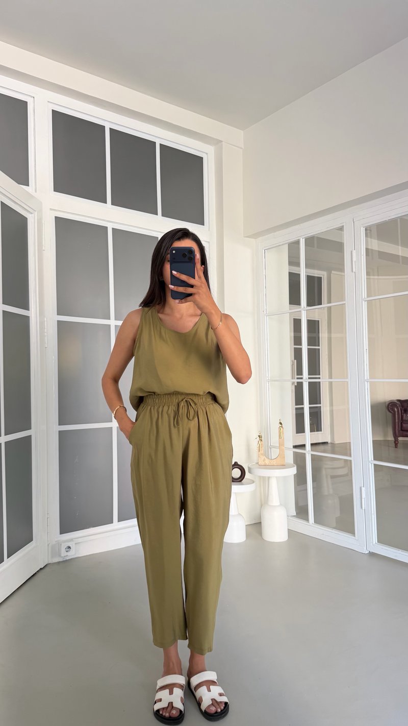 Yeşil Bluz Beli Lastikli Pantolon İkili Tencel Takım GAUS-01769