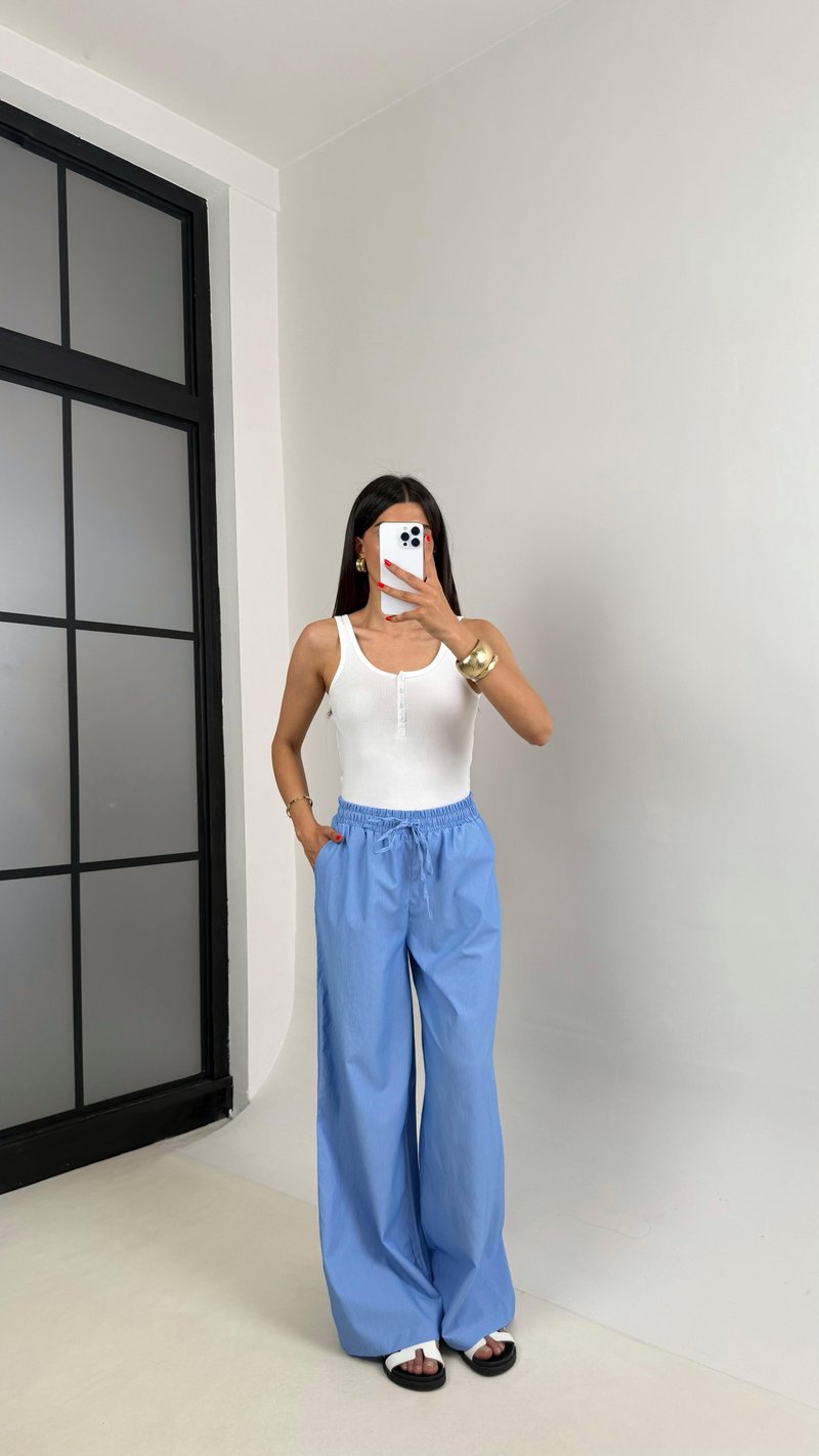 Mavi Beli Lastikli Çizgili Paraşüt Kumaş Pantolon Gaus00499