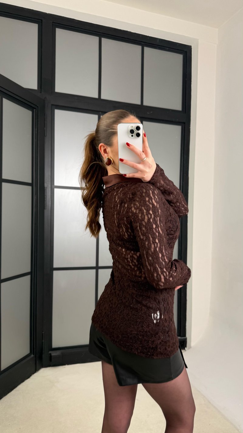 Kahve Dantel Saten Yaka Detaylı Gömlek GAUS-01264