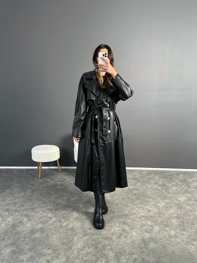 Siyah Premium Uzun Oversize Deri Ceket 