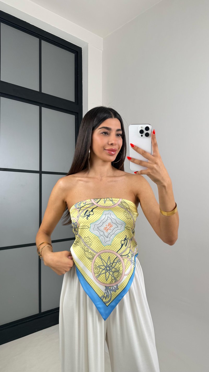 Sarı Çok Desenli Sırt Bağlamalı Saten Bluz GAUS-0024