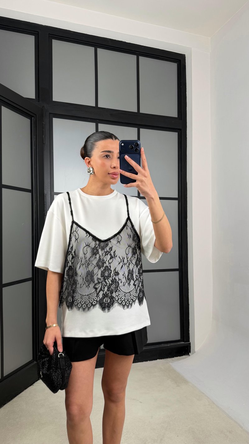 Ekru Dantel Atlet Detaylı Tshirt GAUS-01370