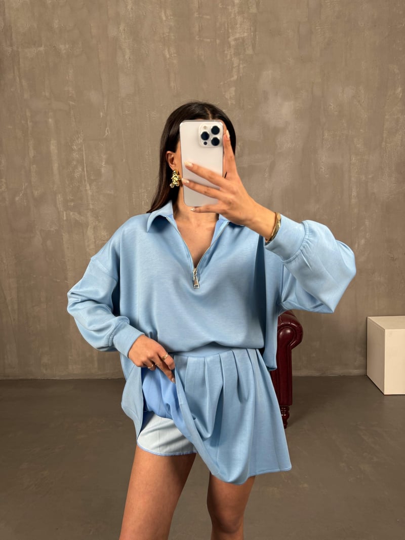 Mizu Mavi Yaka Fermuarlı Sweat Pileli Şortlu Etek Modal Takım