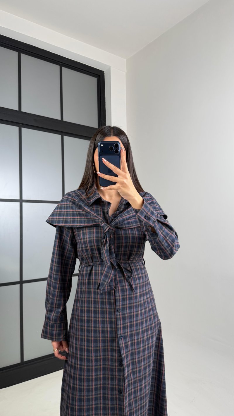 gül kurusu Şal Detaylı Kuşaklı Ekose Elbise GAUS-00863