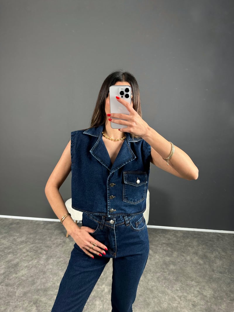 Amio Koyu Mavi Yelekli Denim Takım