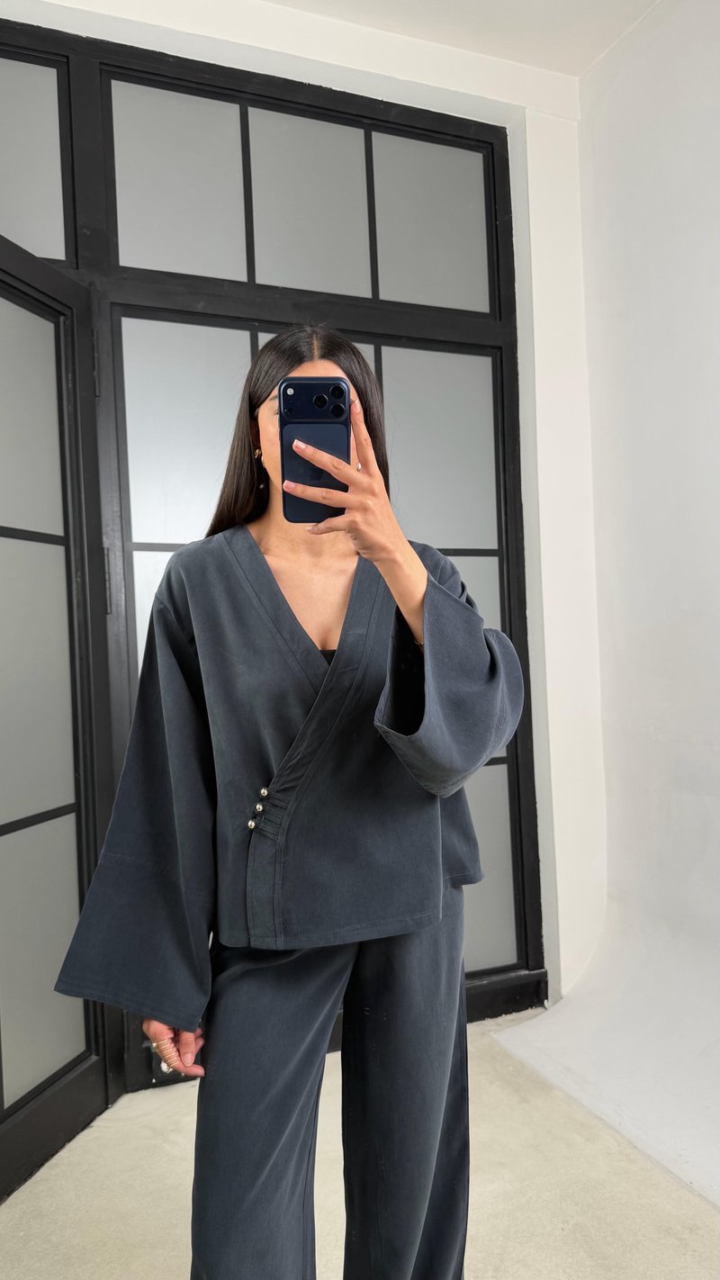 Füme Zımba Detaylı Kimono Pantolon MD Muadil Tencel Takım GAUS-01451