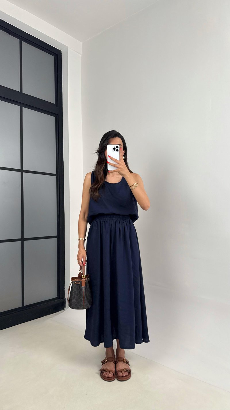 Lacivert Bluz Beli Lastikli Etek İkili Kırışık Tencel Takım Gaus00522