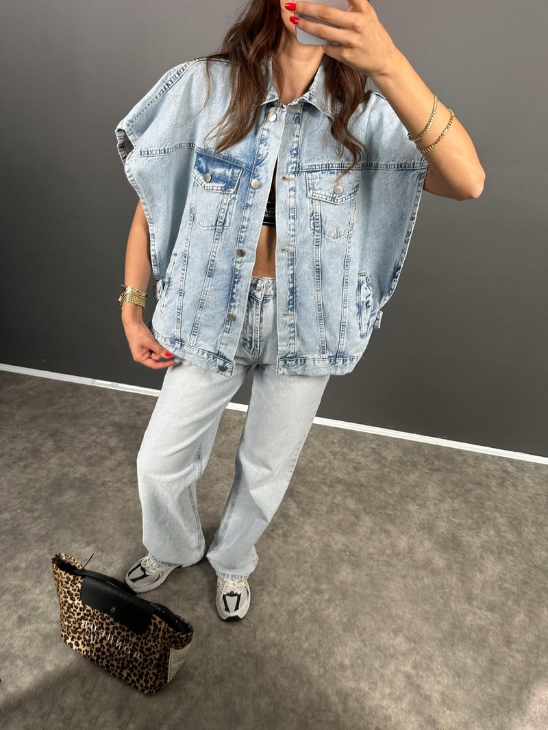 Laswel Buz Mavisi Yarasa Kol Tasarım Denim Kot Yelek 