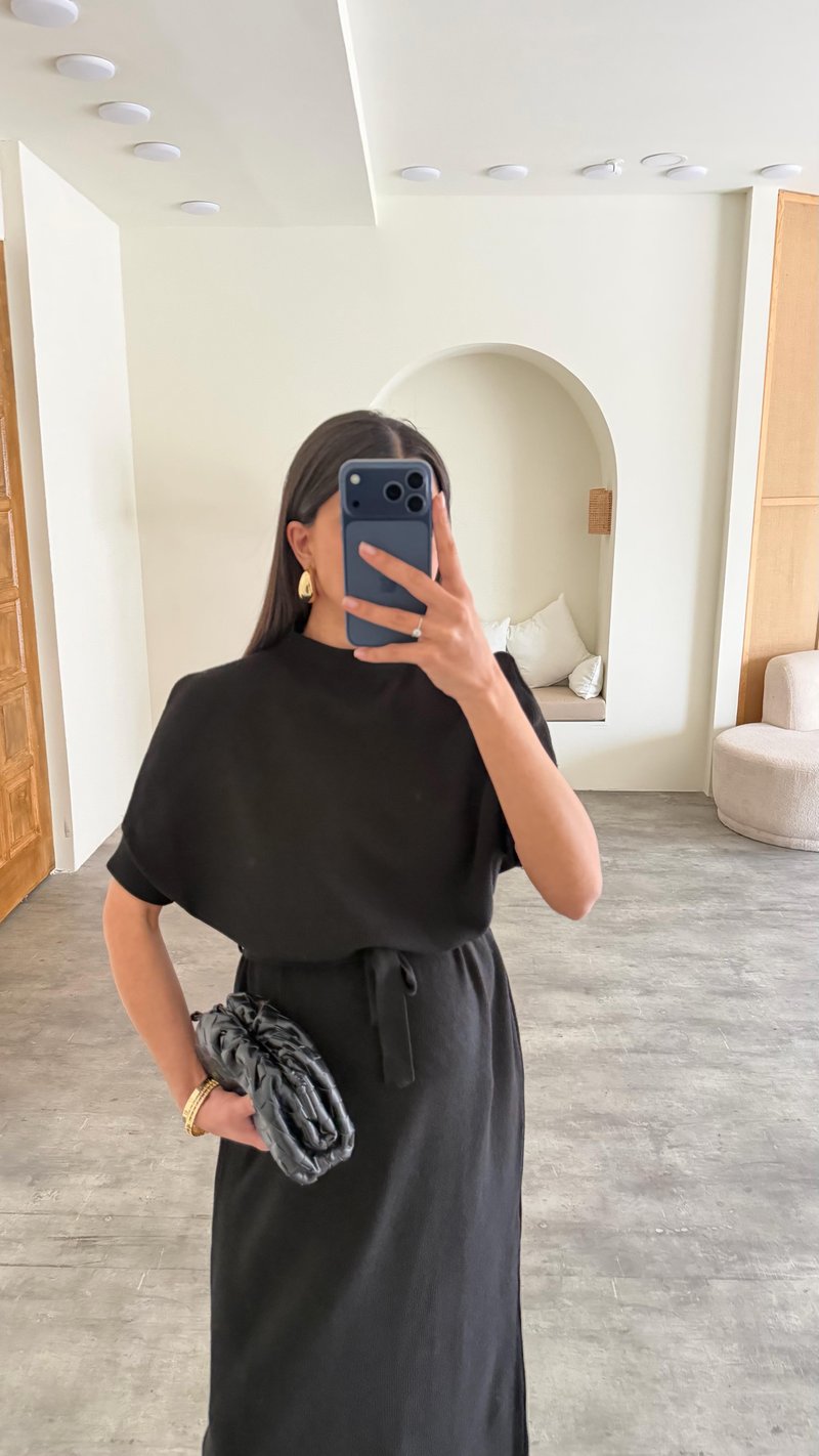 Siyah Kuşaklı Triko Midi Elbise GAUS-01169