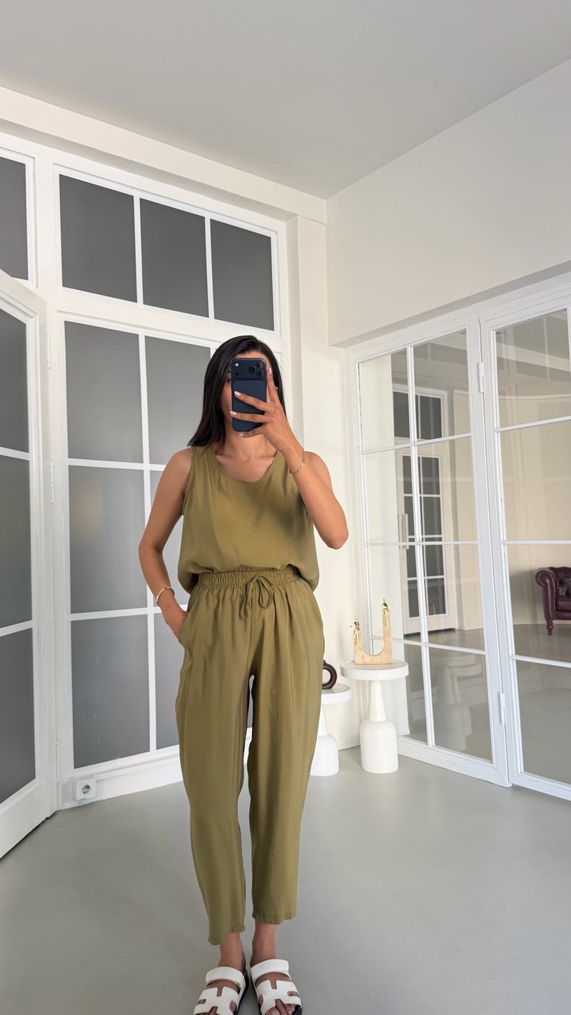Yeşil Bluz Beli Lastikli Pantolon İkili Tencel Takım GAUS-01769