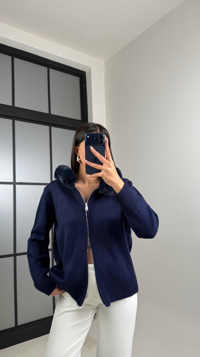 Lacivert Kürk Detaylı Kapüşonlu Triko Hırka GAUS-00883