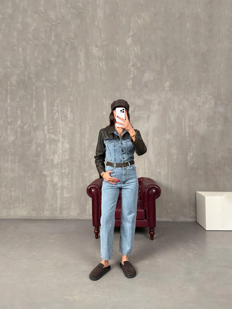 Barnes Eskitme Deri Detaylı Premium Tasarım Denim Tulum