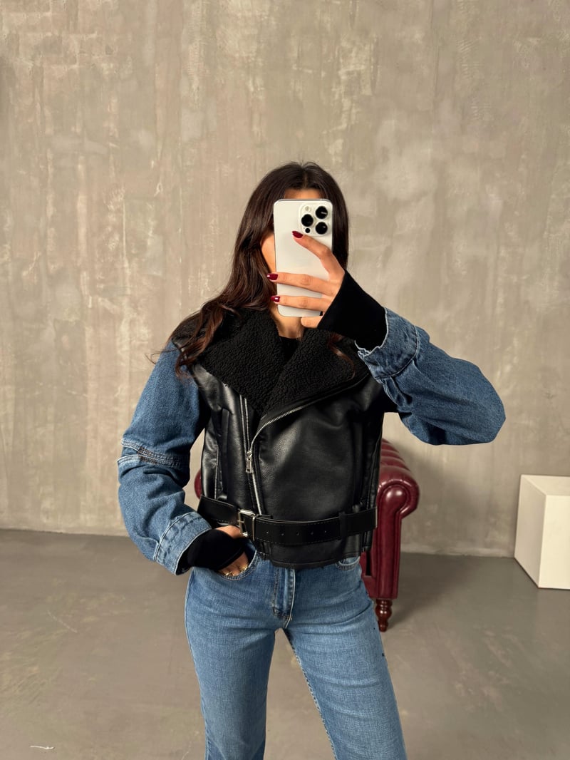 Lordy Siyah Kol Denim Detaylı İçi Kürklü Kemerli Biker Mont