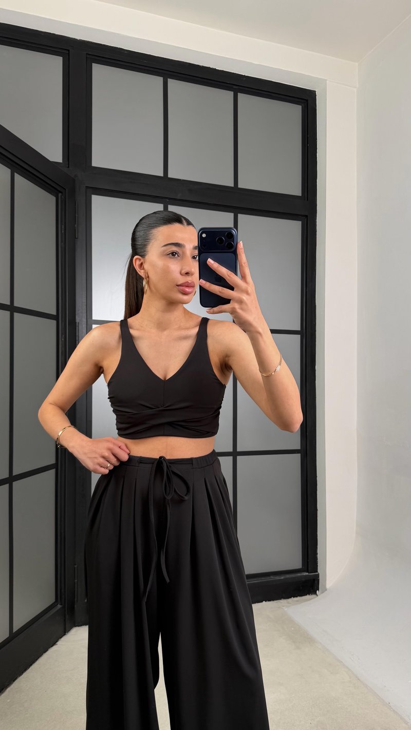 Siyah OYS Model Pedli  Crop Beli Lastikli Pantolon İkili Takım GAUS-01441