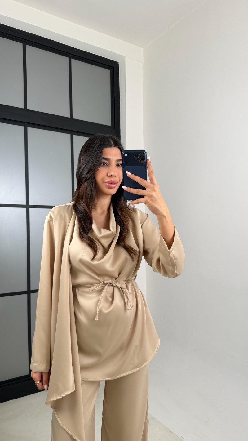 Bej Şal Detaylı Bluz Beli Lastikli Şalvar İkili Saten Takım GAUS-00606