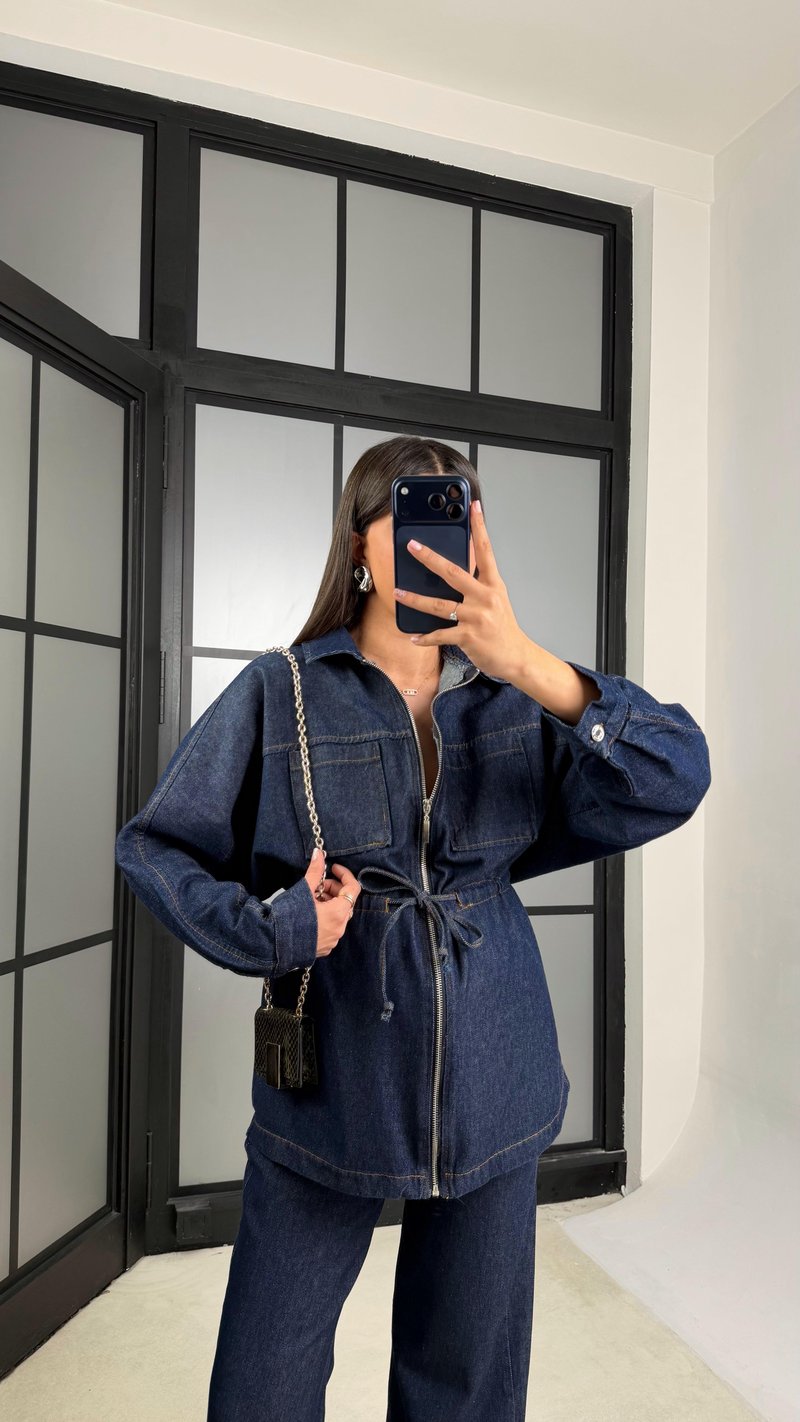 Lacivert Kuşaklı Fermuarlı Ceket Pantolon İkili Denim Takım GAUS-01197