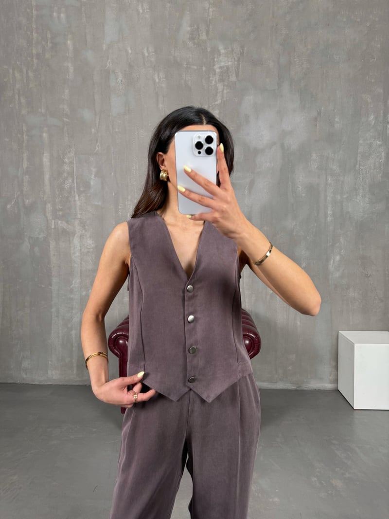 Kahve Yelek Pantolon Tensel Muadil Takım Gaus00112