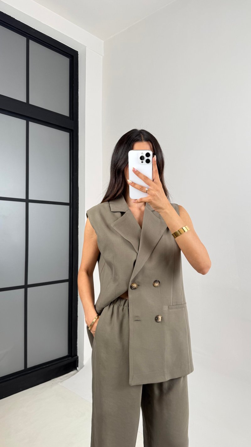 Haki Önü Düğmeli Astarlı Yelek Beli Lastikli Pantolon Premium Kumaş Takım Gaus00653