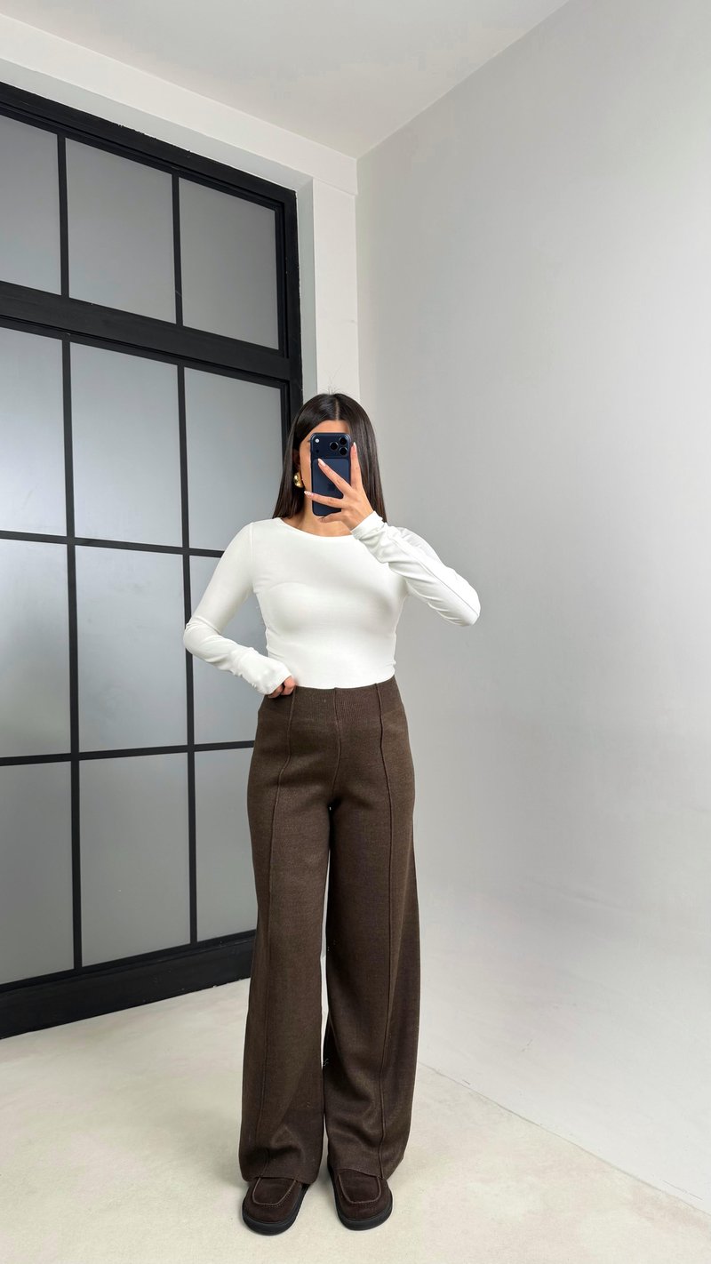 Acı Kahve Beli Lastikli Dikiş Detaylı Triko Pantolon GAUS-00856