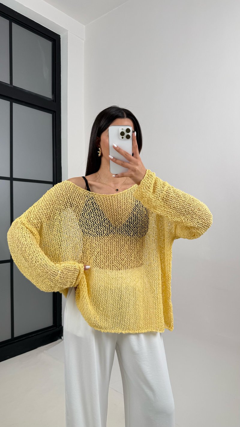 Sarı Ajurlu Triko Bluz Gaus00372