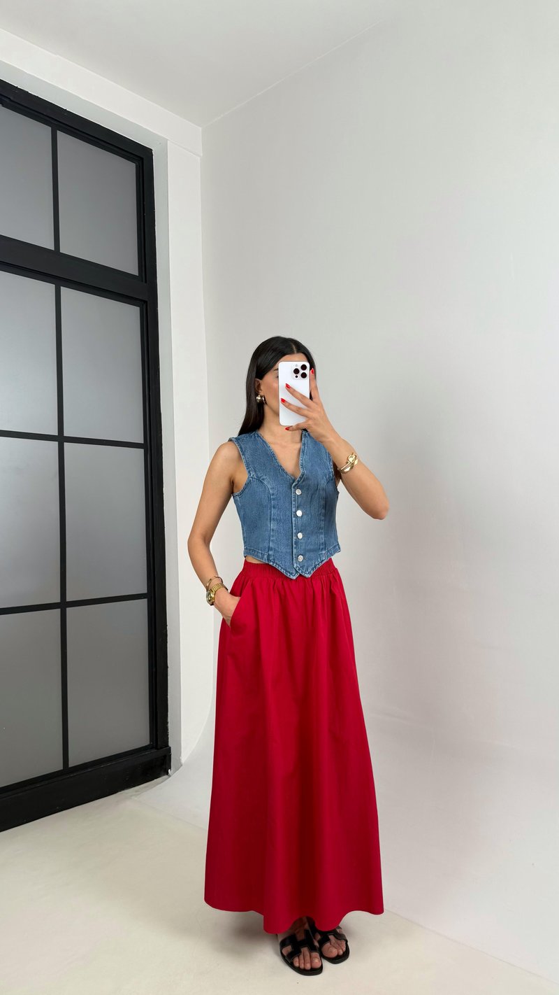 Kırmızı Beli Lastikli Cepli Poplin Etek Gaus00485