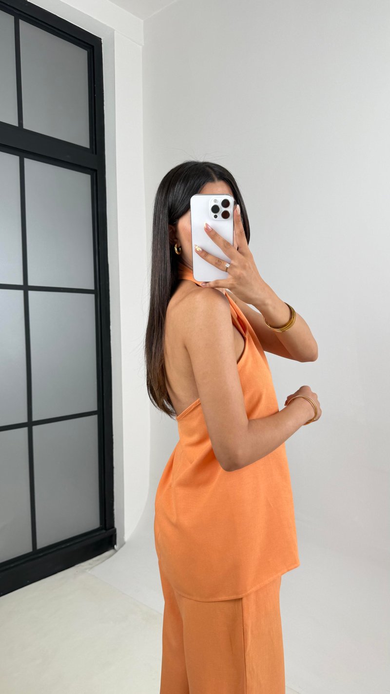 Somon Boyundan Bağlamalı Bluz Cepli Pantolon Tasarım Keten Takım Gaus00667
