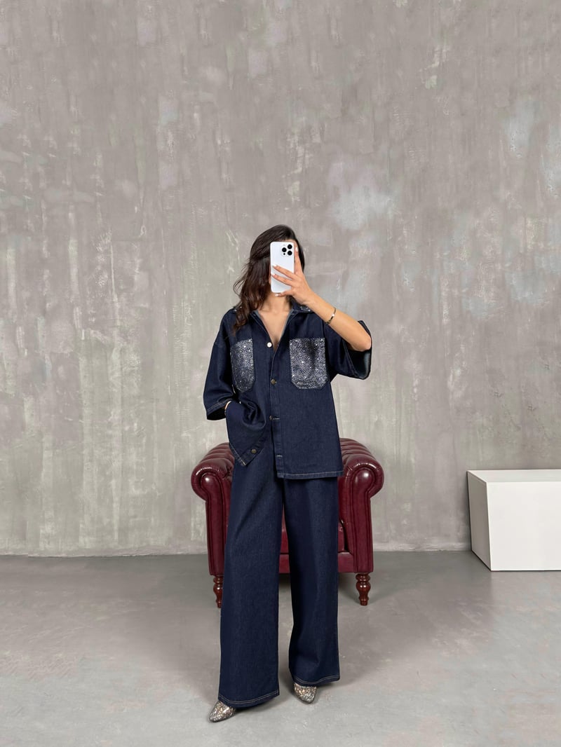 Lacivert Cep Taş İşlemeli Gömlek Pantolon Denim Takım Gaus00037