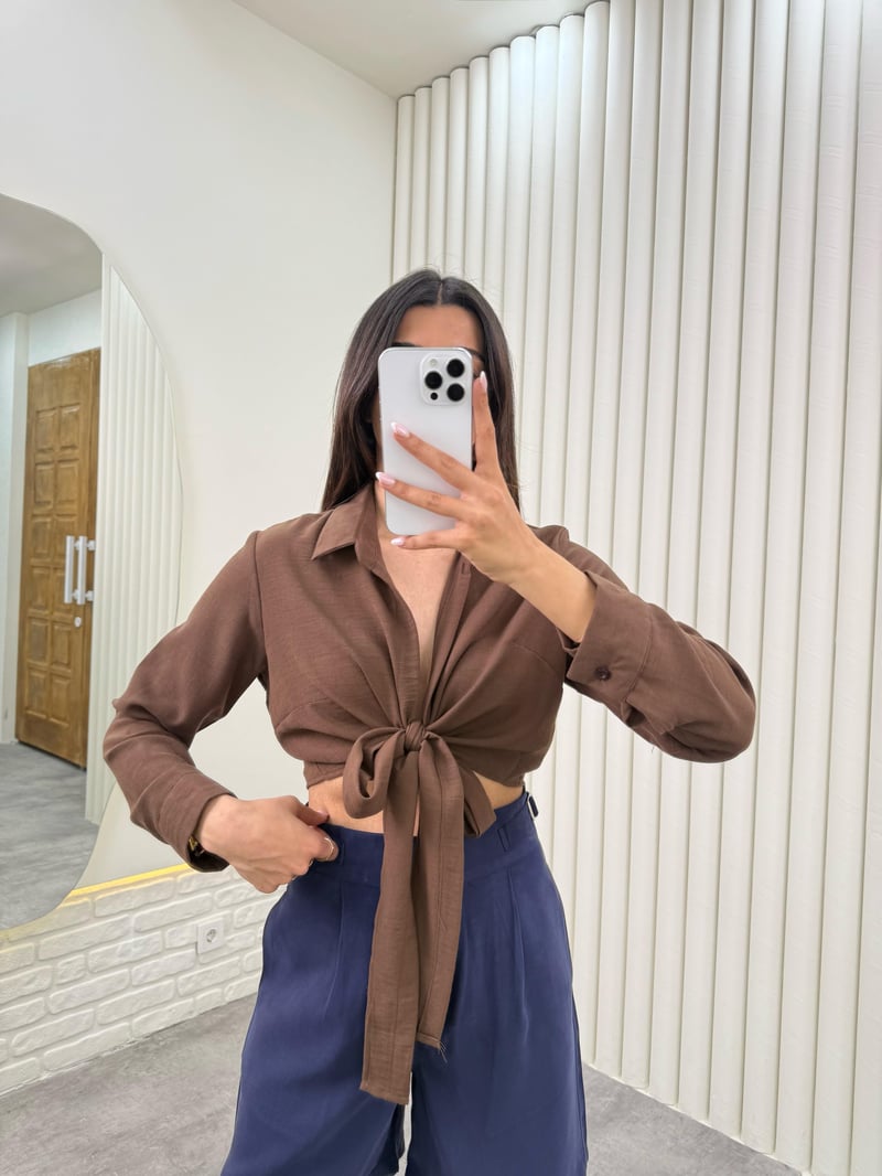 Kahve Önü Bağlamalı Premium Keten Gömlek Gaus00319