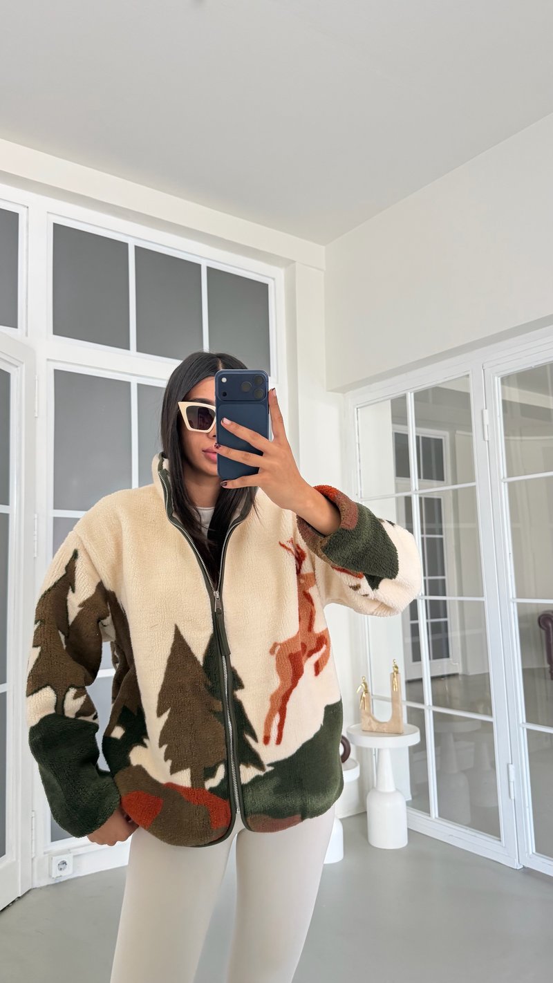 Kahve Çam Ağaçlı Geyik Desenli Fermuarlı Polar Sweatshirt GAUS-01913