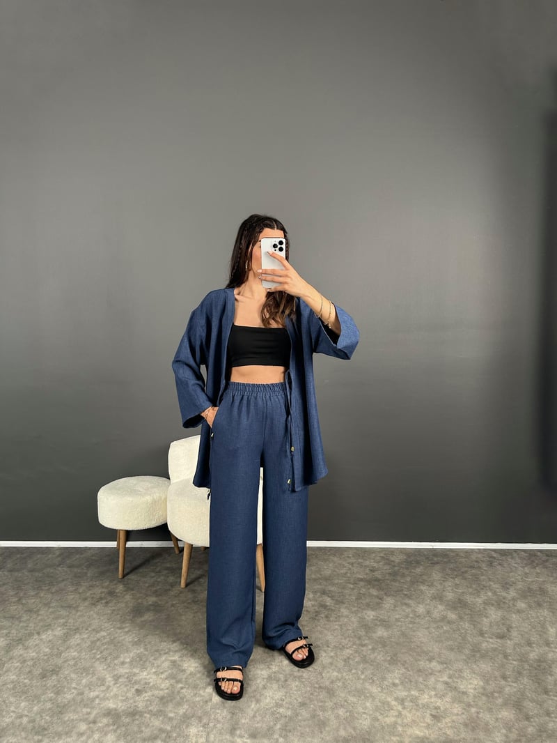 Gai Lacivert Kimono Keten Takım