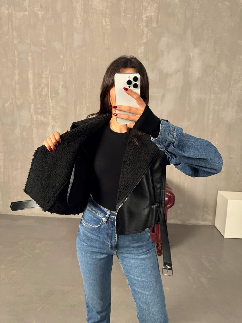 Lordy Siyah Kol Denim Detaylı İçi Kürklü Kemerli Biker Mont