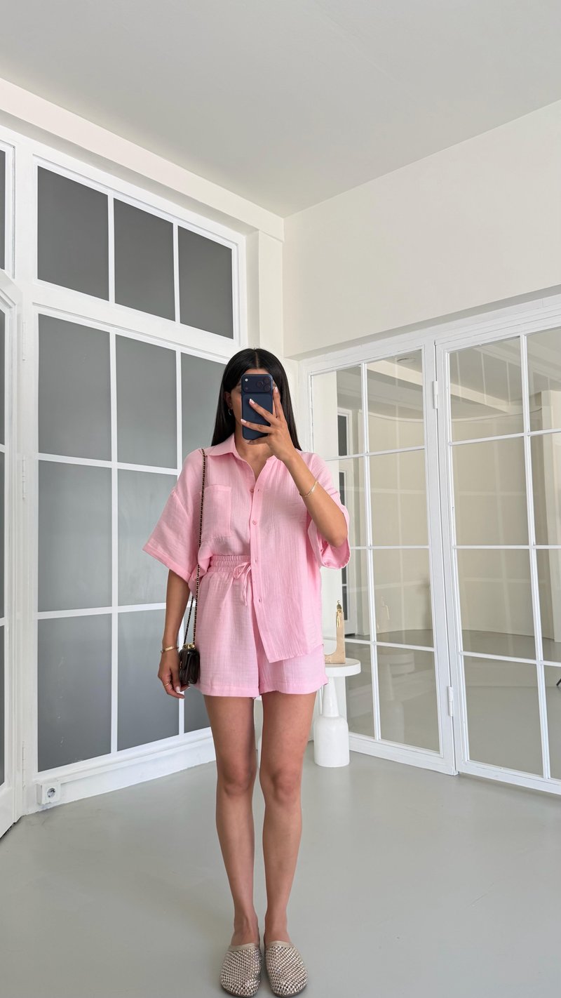 Pembe Gömlek Şort İkili Müslin Takım GAUS-01671