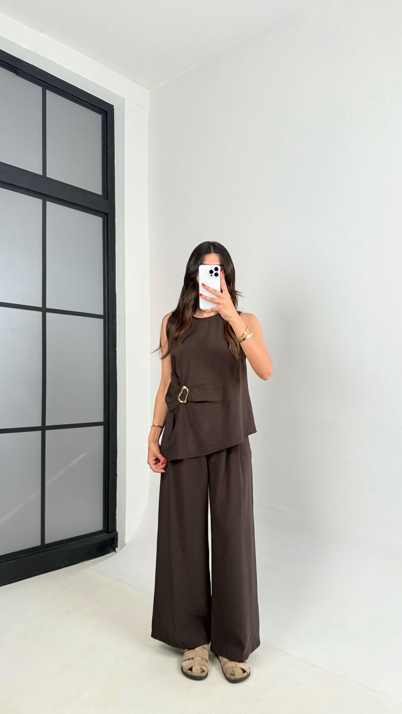 Acı Kahve Gold Detaylı Bluz Balon Pantolon İkili Tencel Takım Gaus00510